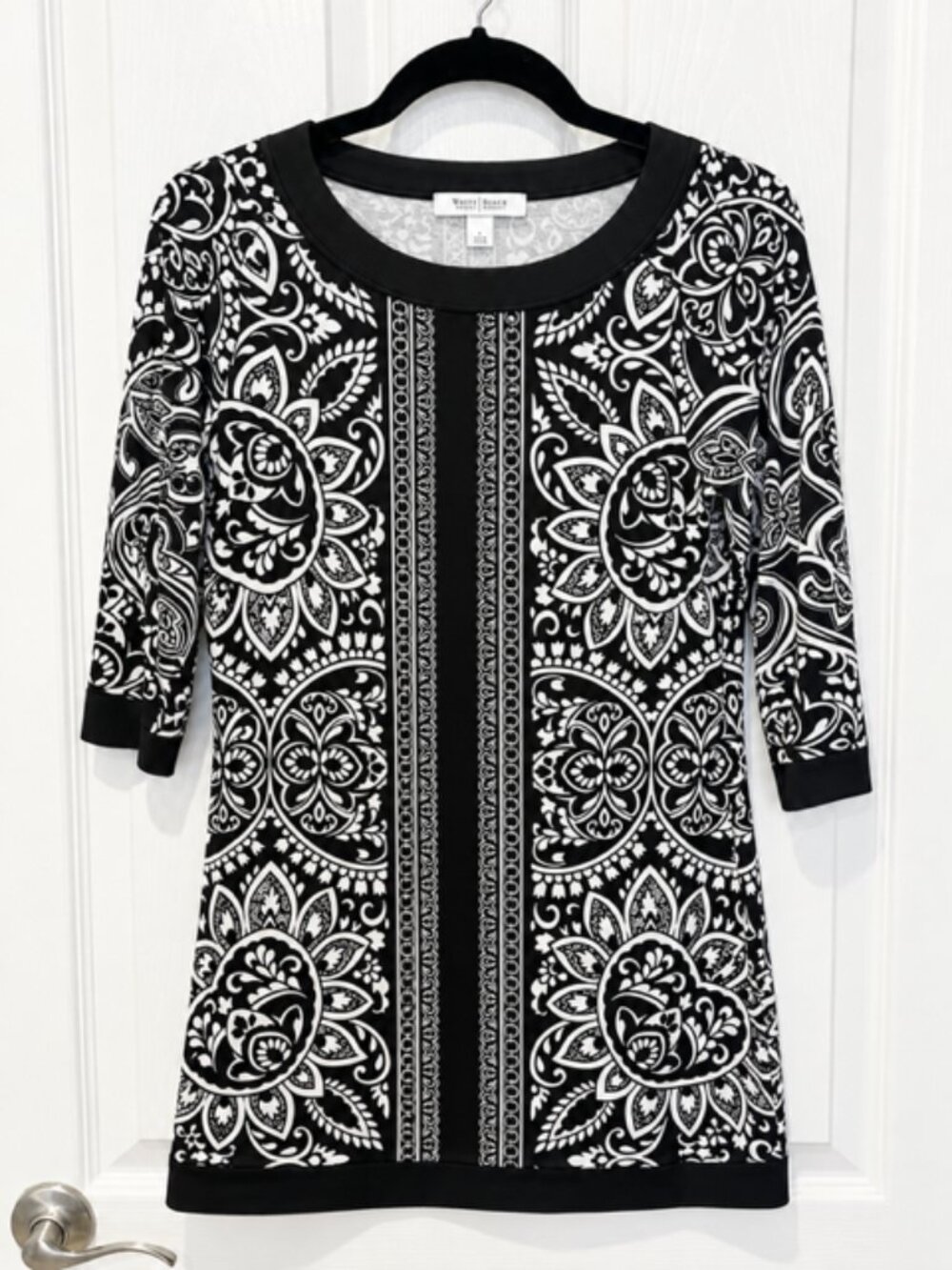 White House Black Market Womens M Black White Paisley Shift Dress 3/4 Sleeve